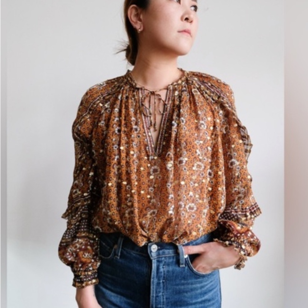 Ulla Johnson Brown Floral Peasant Blouse